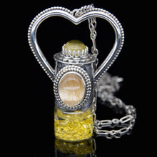 Load image into Gallery viewer, Fountain Sunset Rollerball Necklace Series - Amber & Yellow Rutilated Quartz on Black Leaf Pattern